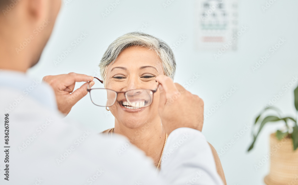 Smile, glasses and hands of ophthalmologist on woman in hospital for vision, healthcare or wellness.