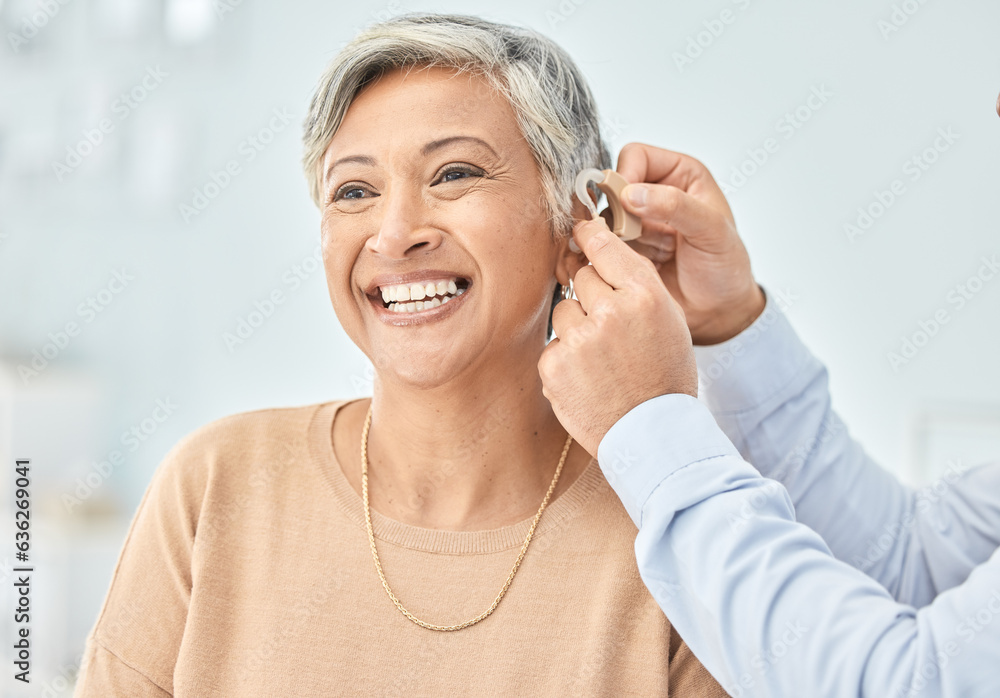 Senior patient, hearing aid and doctor hands, ear and listening, help and trust, healthcare and medi