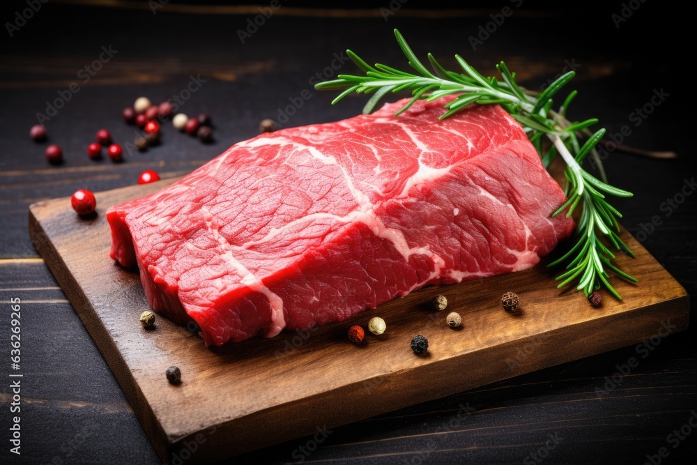 Raw beef on rustic wooden counter top. Overhead view.