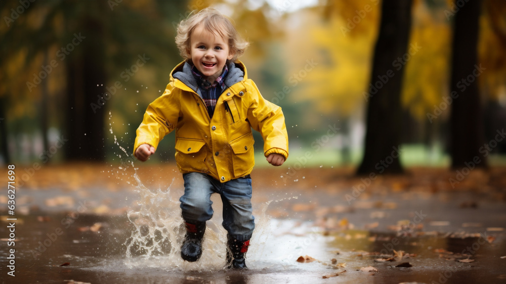 Happy laughing little boy running on a puddle in autumn rain. Happy childhood.