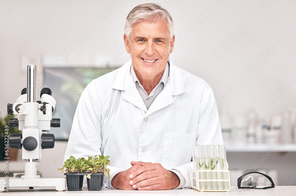 Science, botany and portrait of old man in laboratory for sustainability research, plant or biochemi