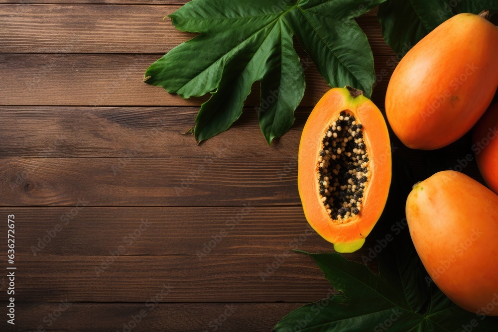 Papaya on rustic wooden background. Overhead view.