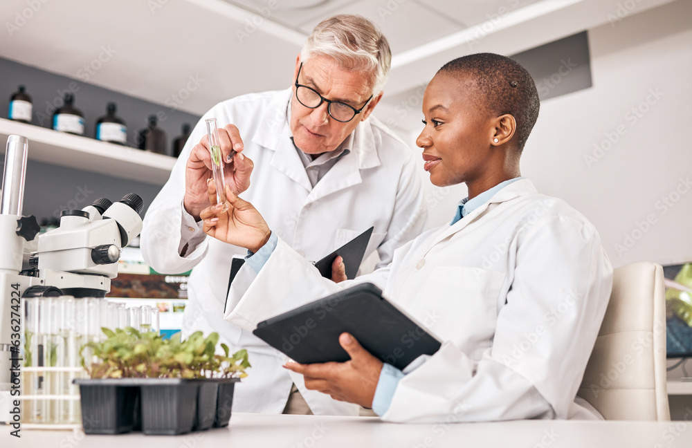 Scientist, test tube and teamwork for plants, agriculture solution and problem solving in laboratory