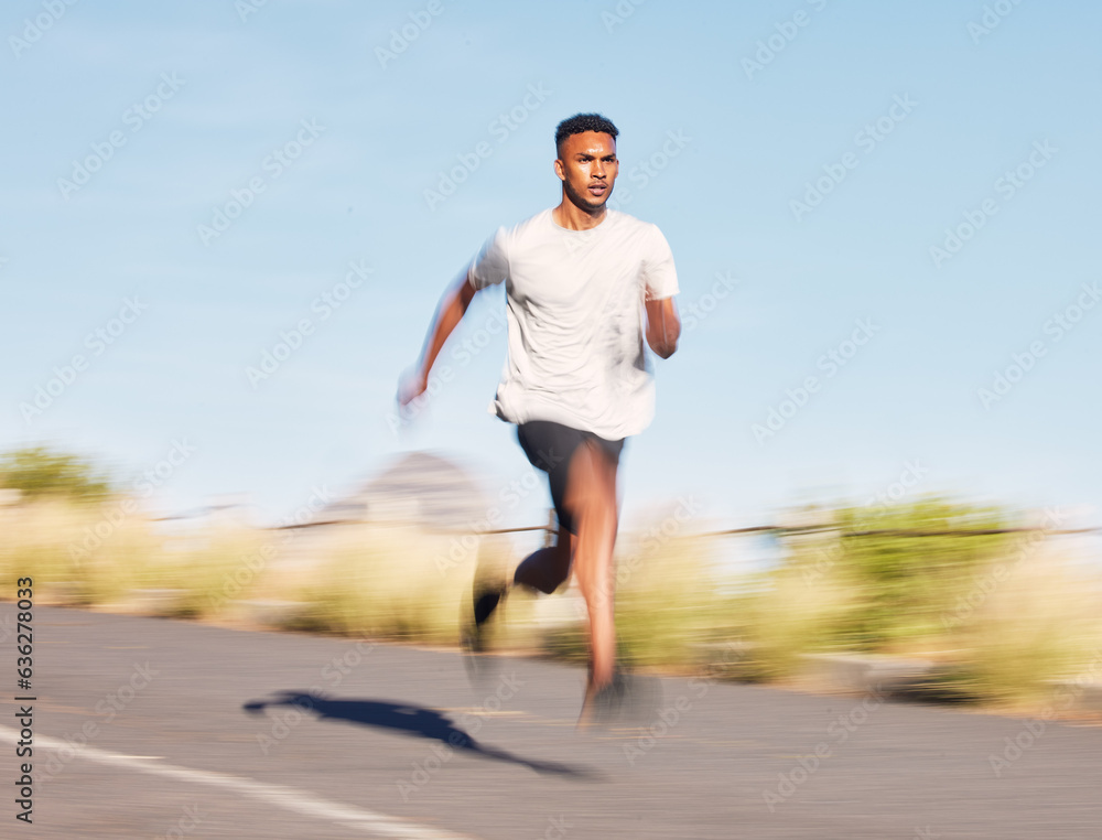 Man, training and running on road in mountain, nature or outdoor exercise and athlete moving with sp