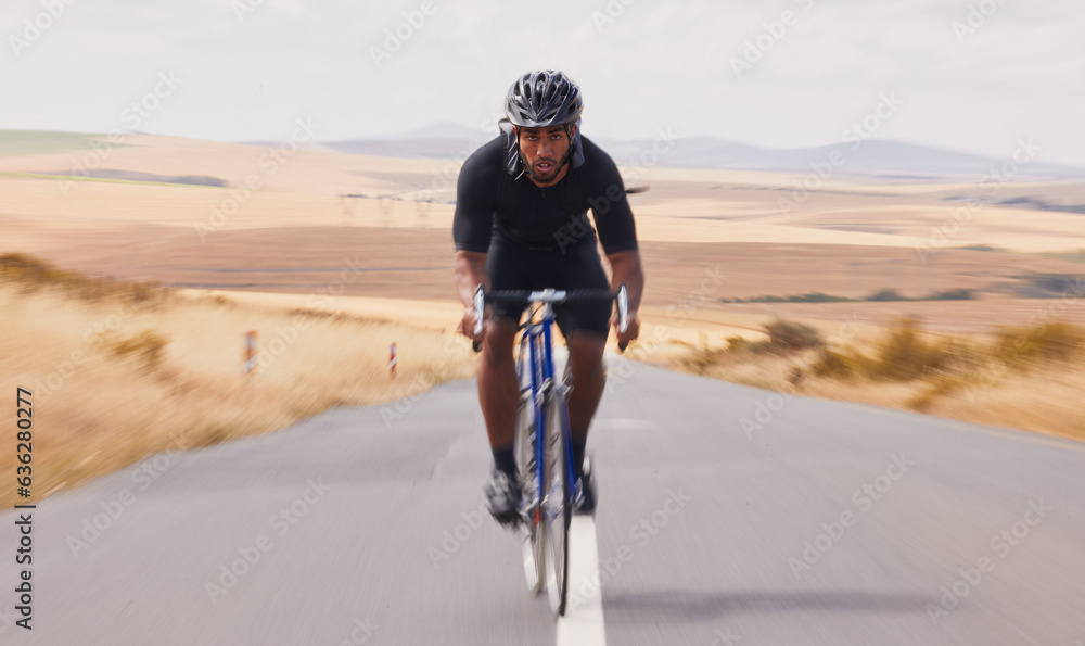 Portrait, street and man on a bike for travel, countryside cycling or training for a competition. Se