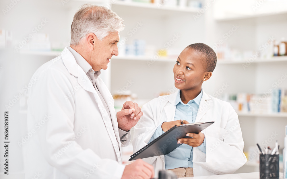 Man, woman and clipboard in pharmacy for checklist, insurance documents and stock report for medicin