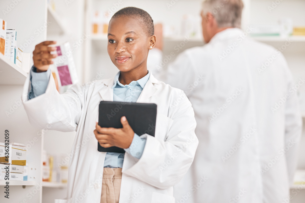 Healthcare, pharmacist and black woman with a tablet, pill box and research on medication. Medical t