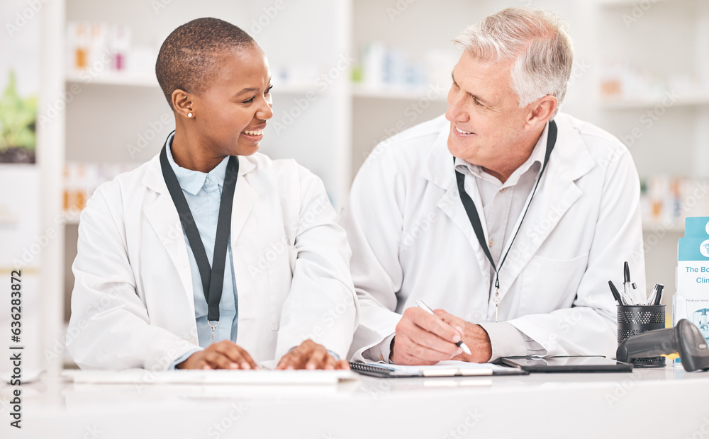 Man, happy woman and medical documents in pharmacy for checklist, schedule or stock report for medic