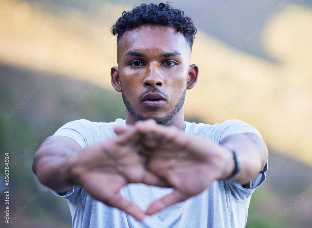 Portrait, fitness and stretching with a sports man getting ready for a cardio or endurance running w