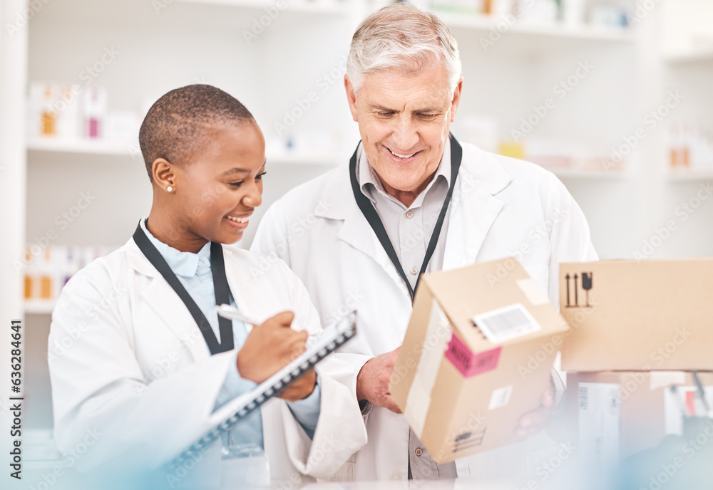 Man, woman and boxes in pharmacy for checklist, delivery schedule or stock report for medicine. Help