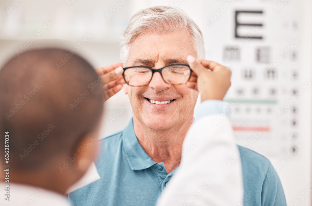 Optometrist, fitting glasses and senior man with smile, test and helping hand for healthy vision in 