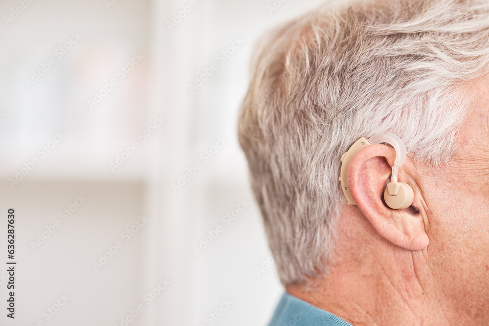 Hearing aid, closeup and ear of man with disability for medical support, help listening or healthcar