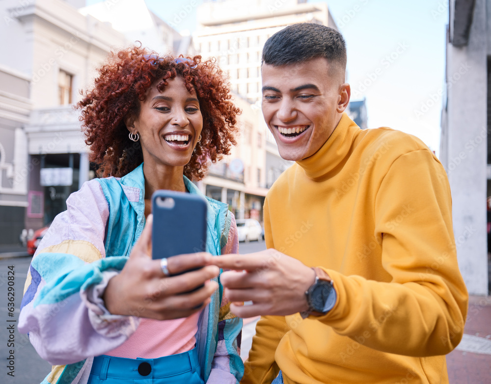 City, funny and man with woman, smartphone and smile with connection, meme and social media. Friends