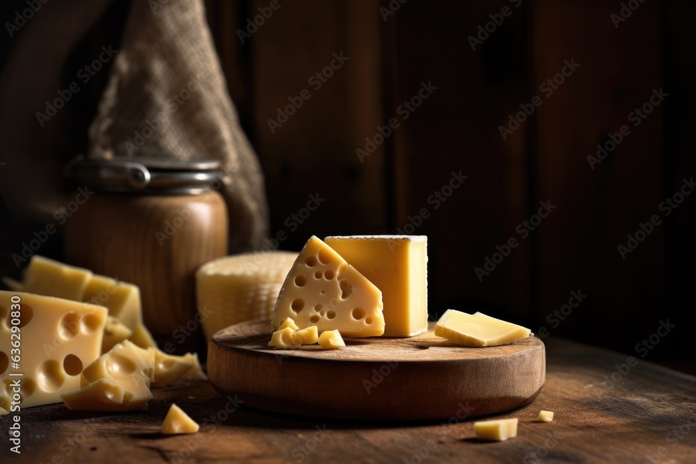 Sliced cheese on wooden table top.