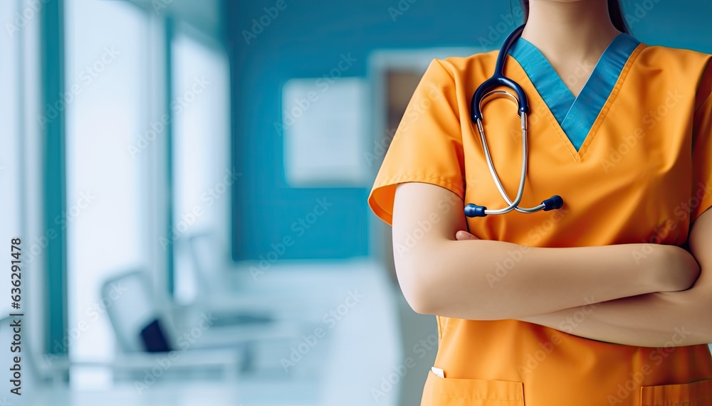 Female doctor or nurse with stethoscope standing in hospital corridor.