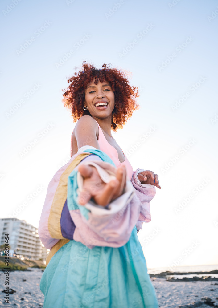 Portrait smile, woman and helping hand, offer or invitation at beach in low angle mockup space. Happ