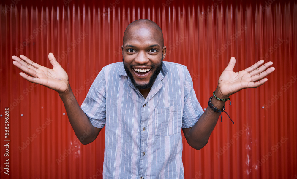 Excited, decision and portrait of black man with choice happy for surprise and winning in a red back