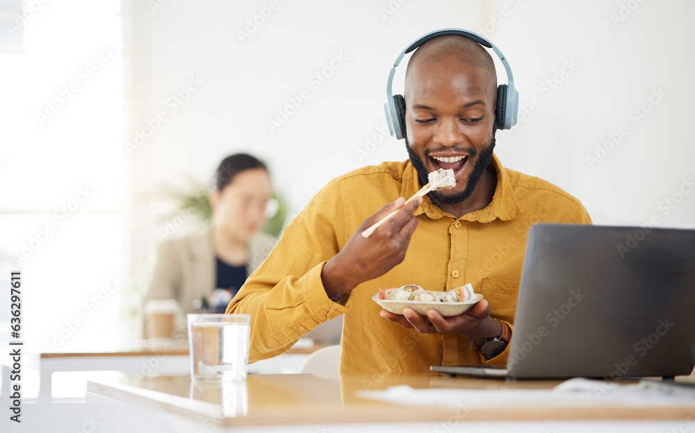 Black business man, laptop and sushi on lunch, video or movie in office for social media, headphones