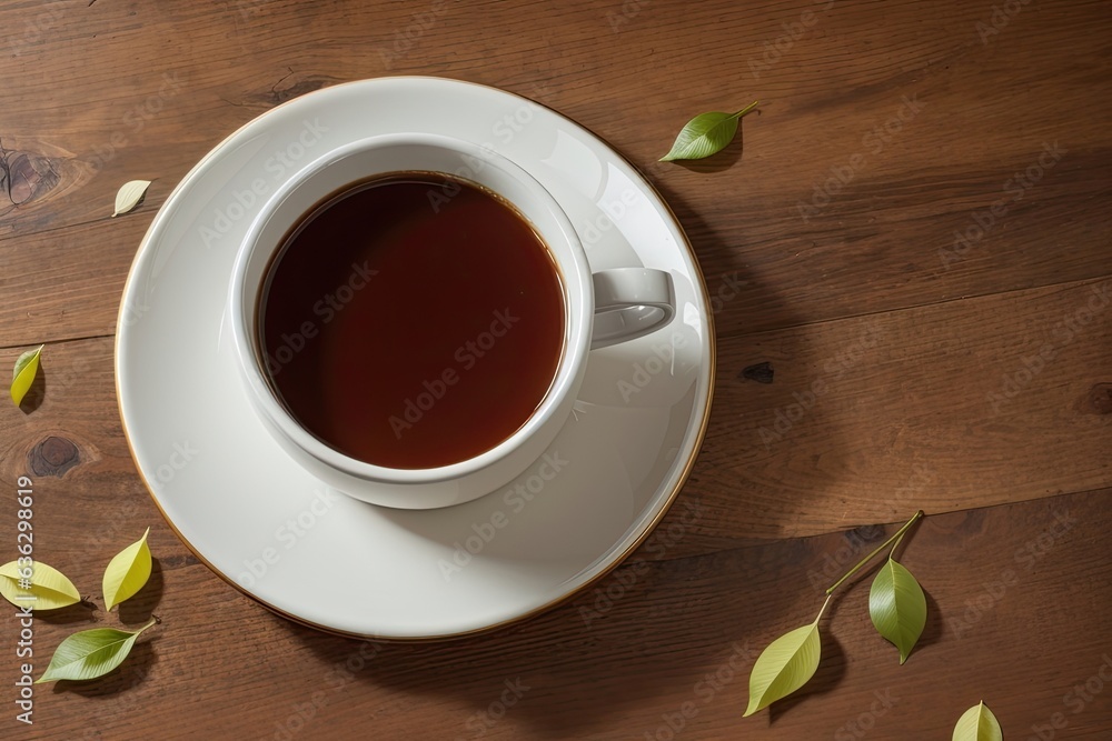 Cup of black coffee, beans and leaves on floor, cup of coffee, cup of coffee on table, cup of coffee