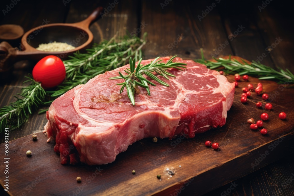 Raw sliced pork meat on chopping board.