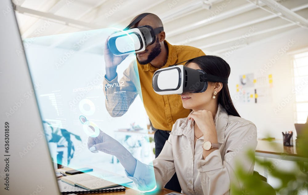 Business people, hologram and virtual reality, future technology and analysis with collaboration and