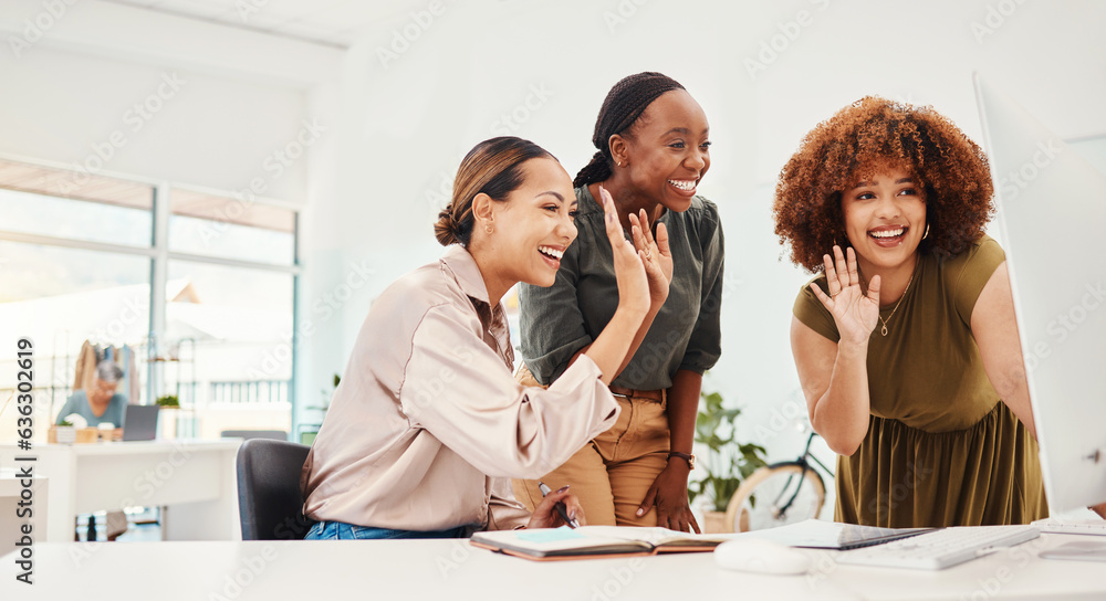 Happy creative women, video call and meeting on computer in online collaboration or greeting at offi