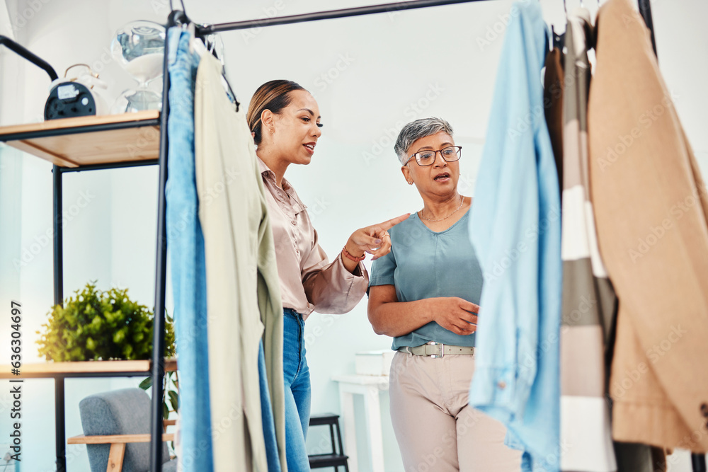 Consulting, fashion and shopping with customer in shop for advice on fabric or products on promotion