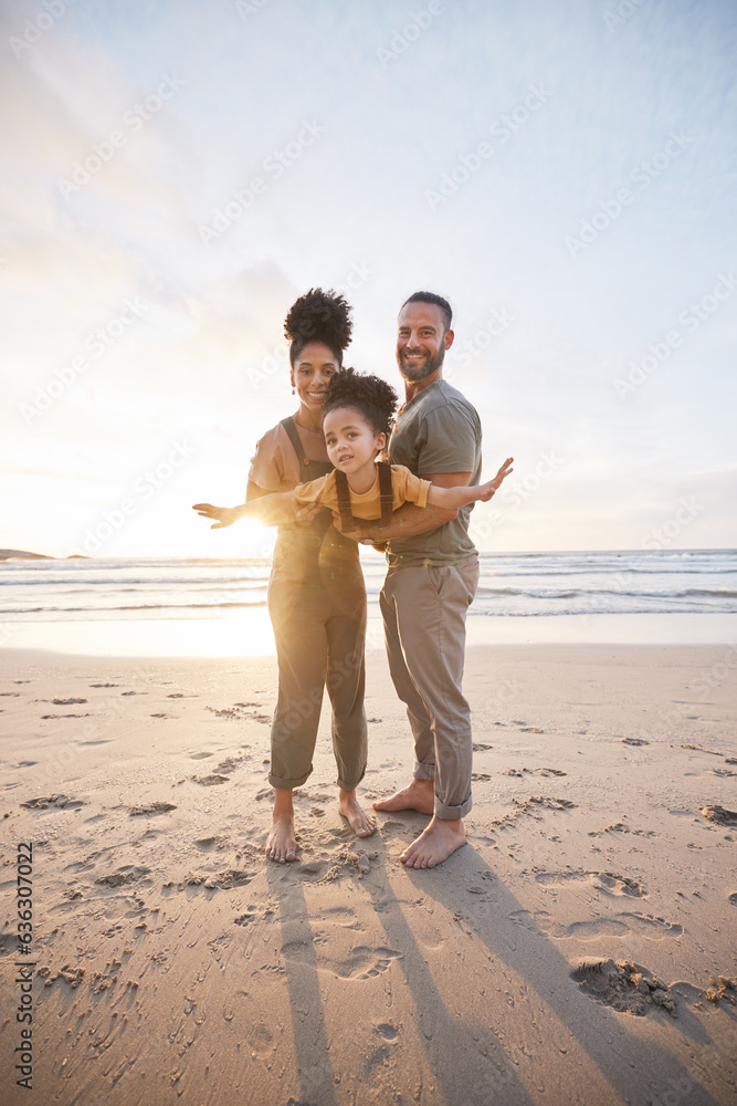 Parents, girl child and beach with airplane game, smile or portrait for bonding, love or sunset on h