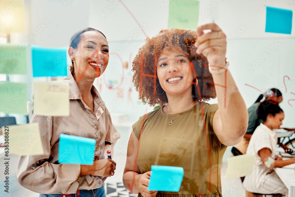 Creative women, planning and teamwork, sticky note and meeting with objectives and agenda at startup