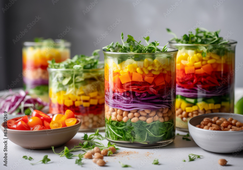 Rainbow jar salad with ingredients on a light table. Horizontal, side view