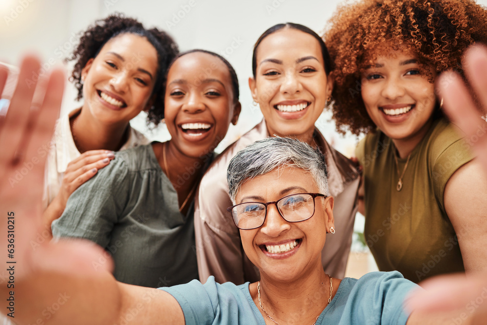 Selfie, office or portrait of women taking a picture together for teamwork on workplace break. Fashi