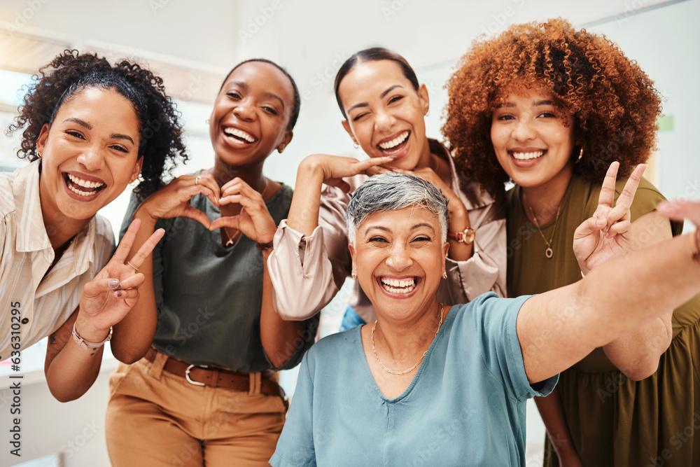 Selfie, office or funny women taking a photograph together for teamwork on workplace break. Fashion 