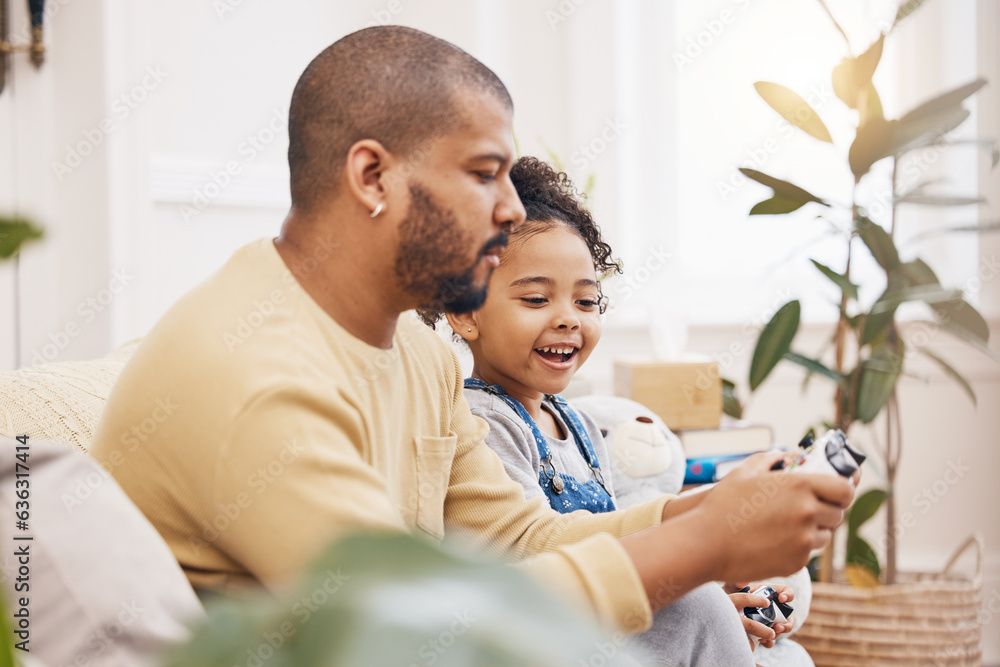 Video game, controller and father with girl on sofa for playing, bond and fun gaming at home togethe