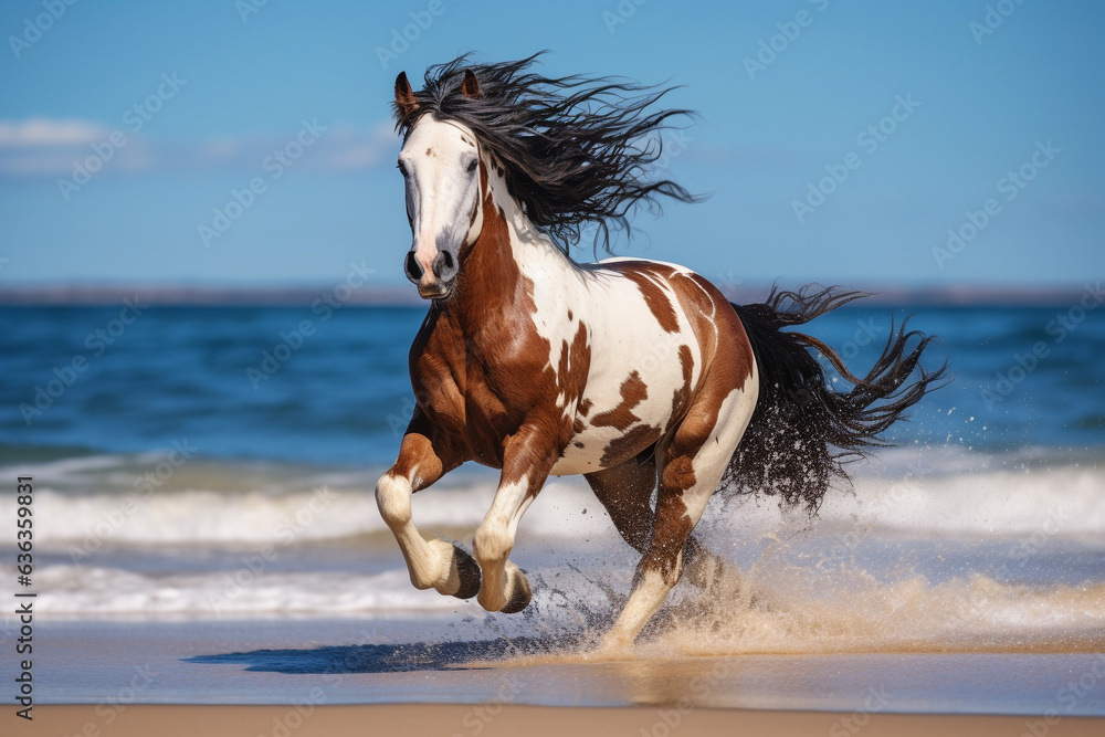 Cavalo malhado correndo na praia com o mar ao fundo - Papel de parede