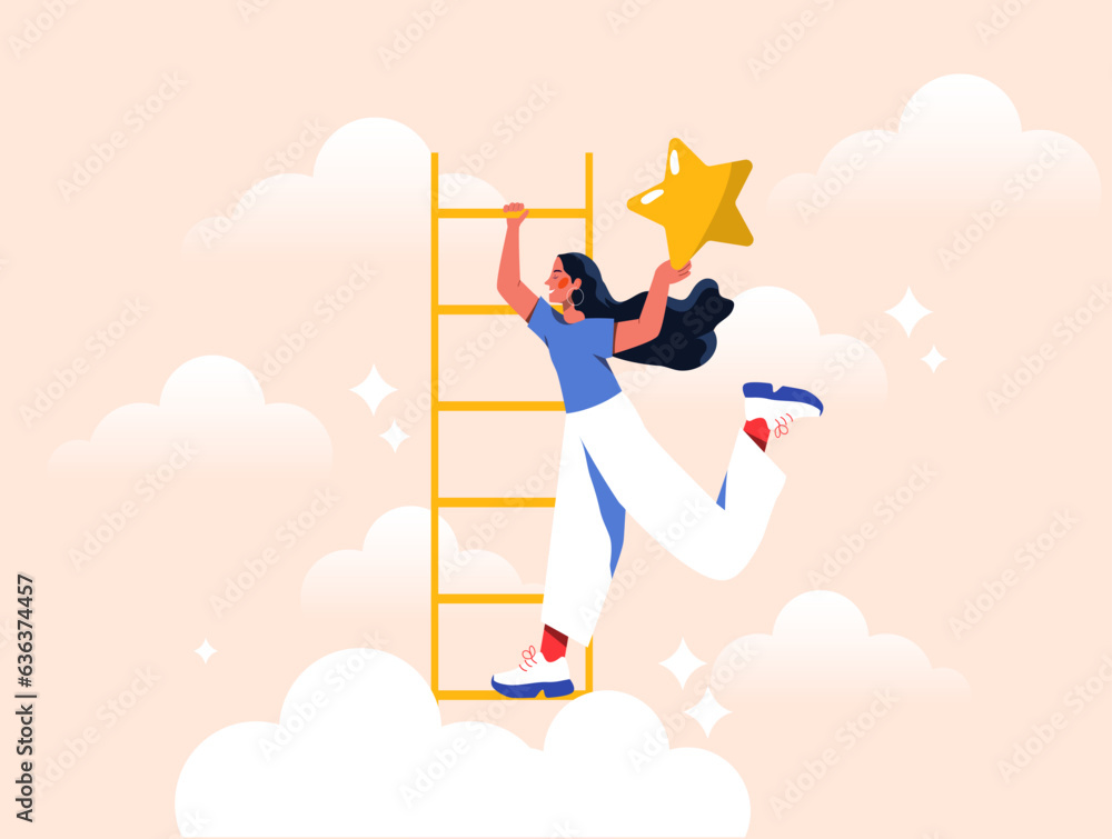 Woman with big achievements concept. Young girl with star at stair. Motivation and leadership, aspir