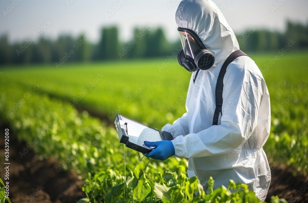 a man in protective clothing is taking notes in field