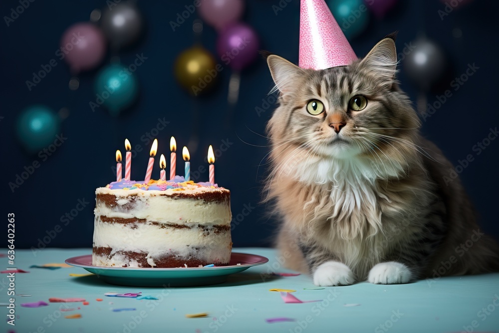 a cat with a cake in a festive hat, food on the table, a home holiday,