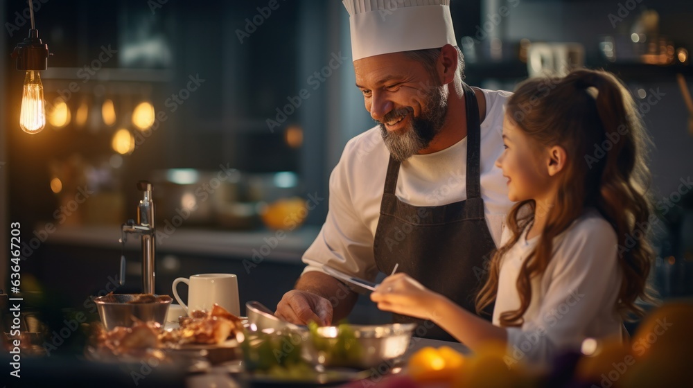 Dad with a girl of 10 years cooking breakfast together