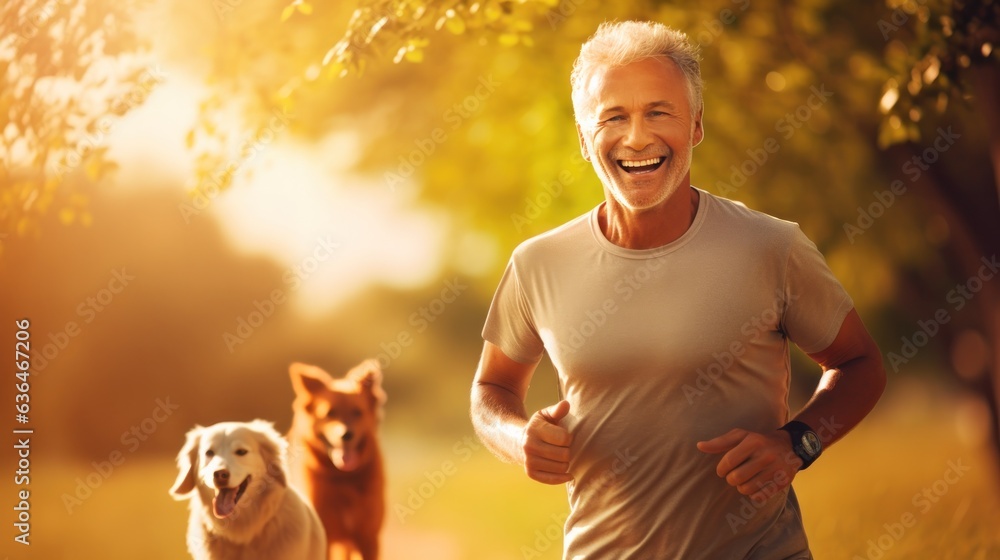 A man jogging with his dog