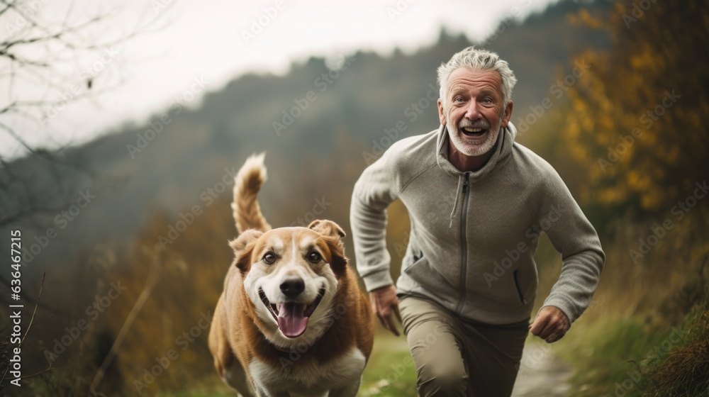 A man jogging with his dog