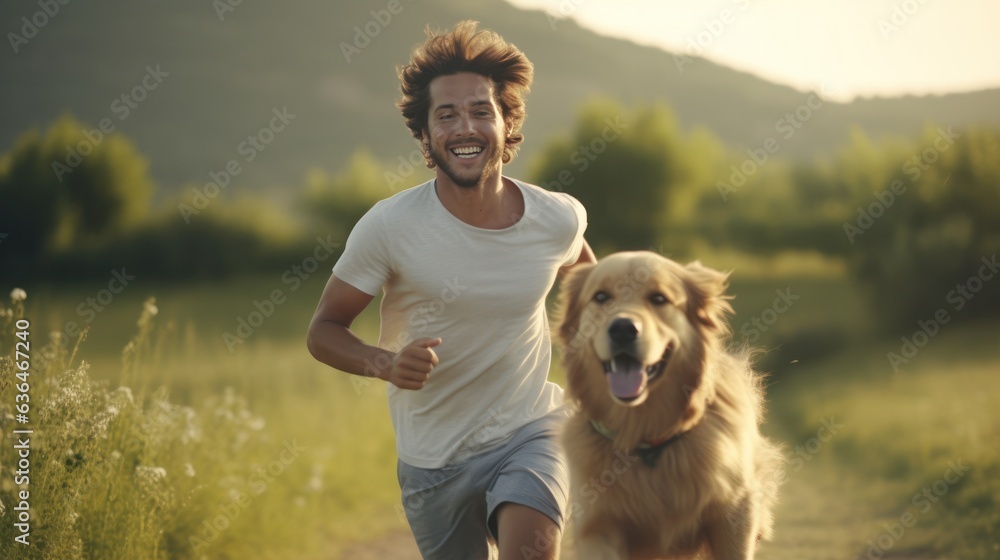 A man jogging with his dog