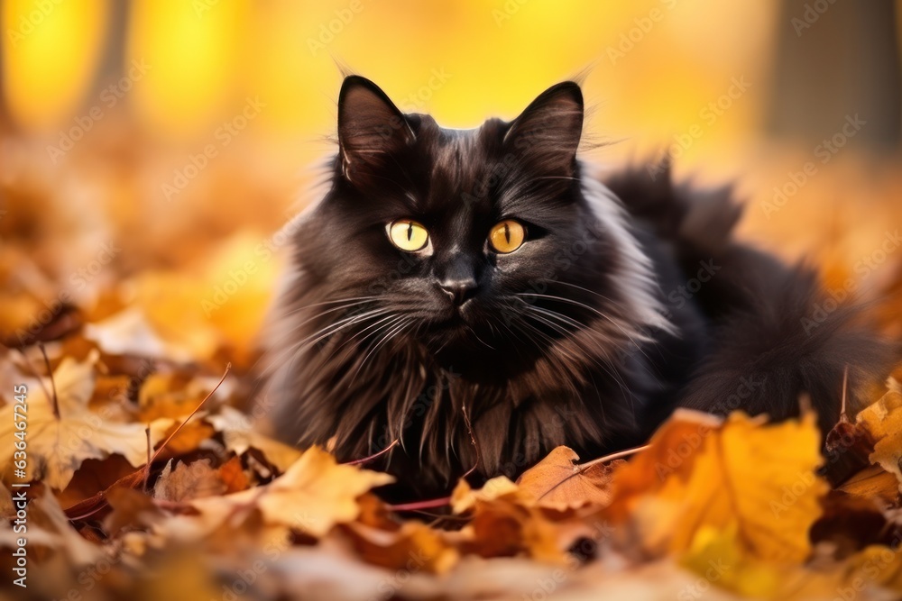 Black cat in autumn leaves