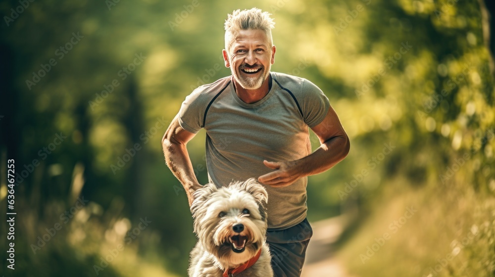 A man jogging with his dog