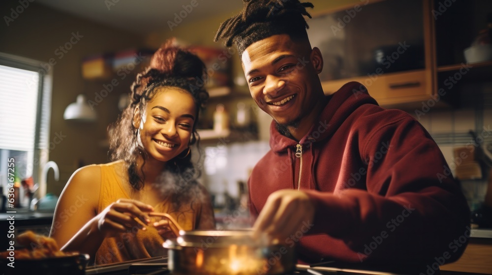 Black man and chinese woman cooking breakfast together.