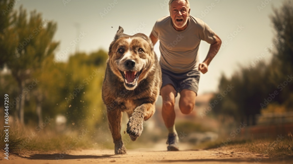 A man jogging with his dog