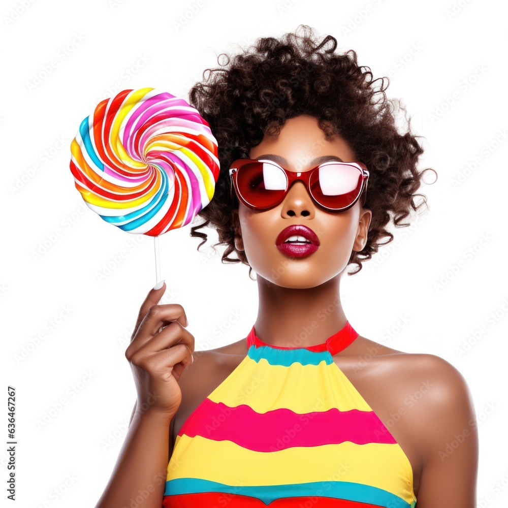 Beautiful Woman Eating Big Pink Lollipop isolated.