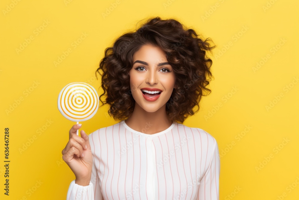 Beautiful Woman Eating Big Pink Lollipop isolated.