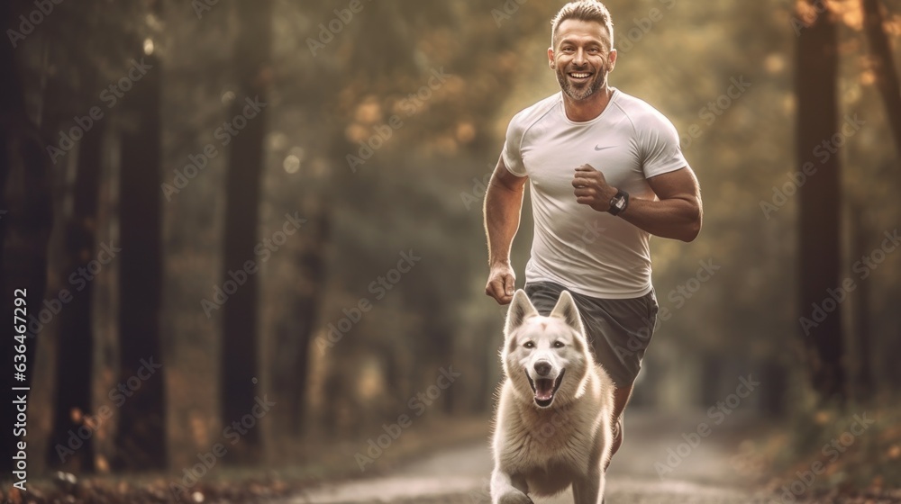 A man jogging with his dog