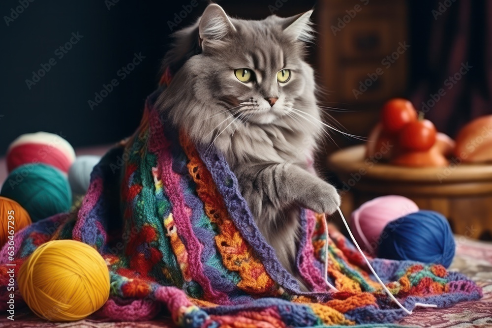 Cat plays with knitting balls