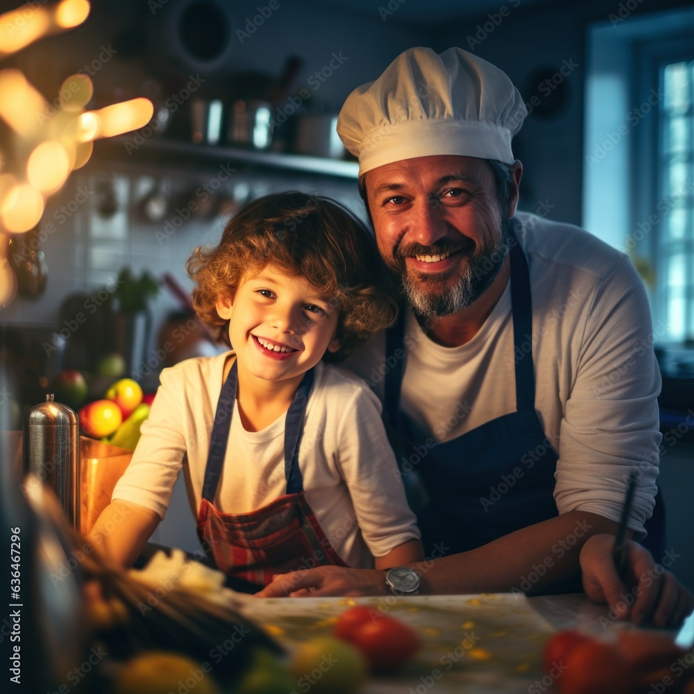 Dad with a son of 10 years cooking breakfast together